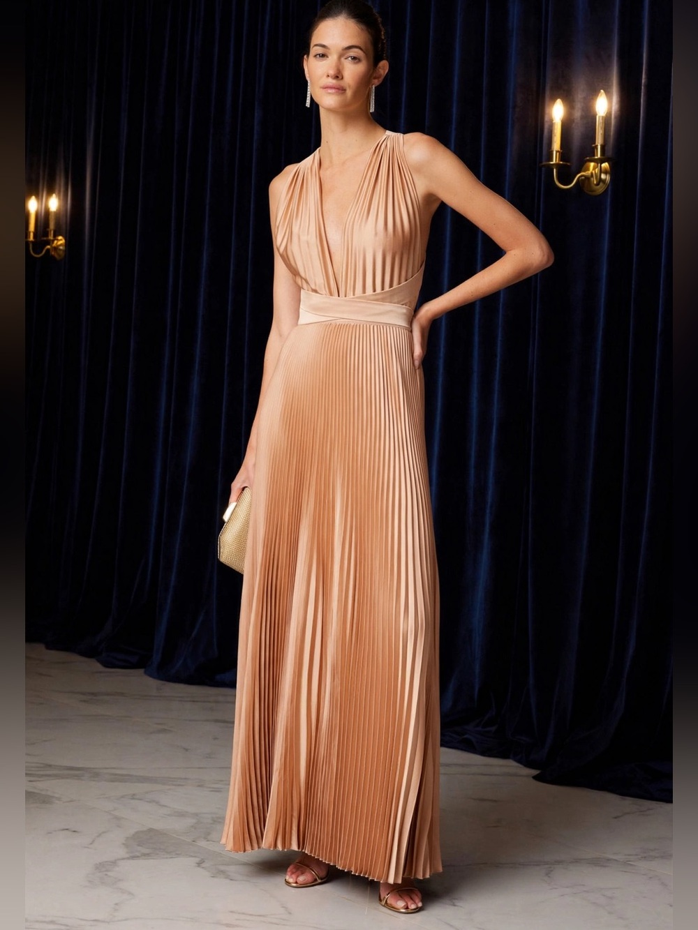 L'IDÉE  Moderniste Gown Elegant Pleated Halter Maxi Dress Sz US 12